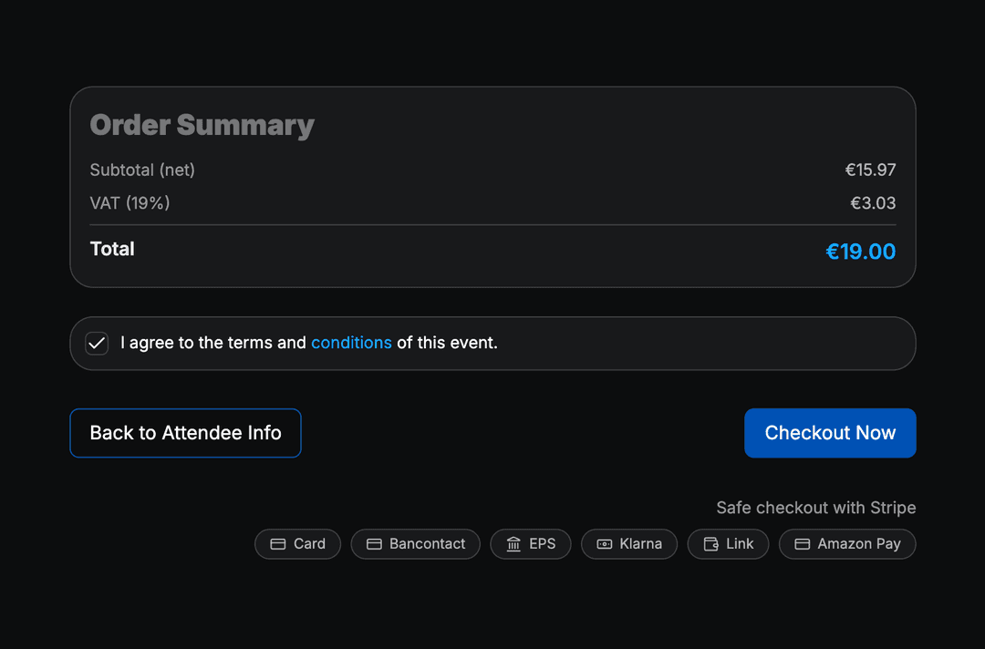 Checkout process with secure payment via Stripe.
